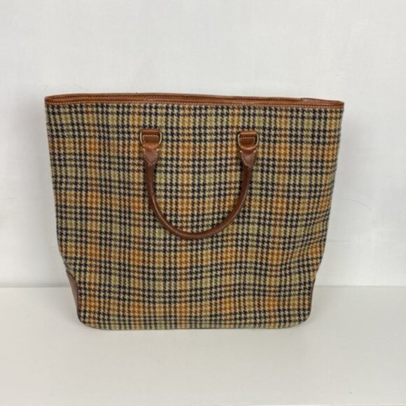 Rare J.Crew Vintage Tote Bag Classic Houndstooth Wool Plaid Leather - Picture 2 of 11